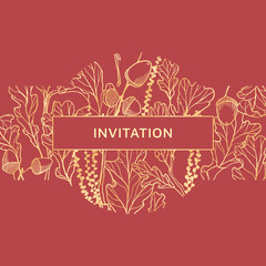 Hand drawn golden oak leaves ,acorns and oak flower on red background, invitation card design