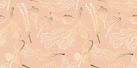 Seamless pattern, hand drawn golden oak leaves ,acorns and oak flower on pink background