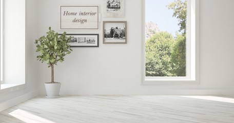 White empty room with summer landscape in window. Scandinavian interior design. 3D illustration