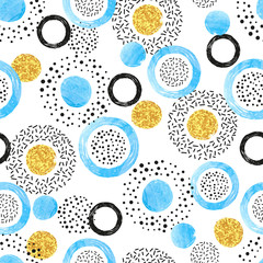 Modèle sans couture avec des cercles et des points bleus, noirs et dorés. Abstrait de vecteur avec des formes rondes.