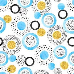 Behang Naadloze patroon met blauwe, zwarte en gouden cirkels en stippen. Vector abstracte achtergrond met ronde vormen. © Afanasia