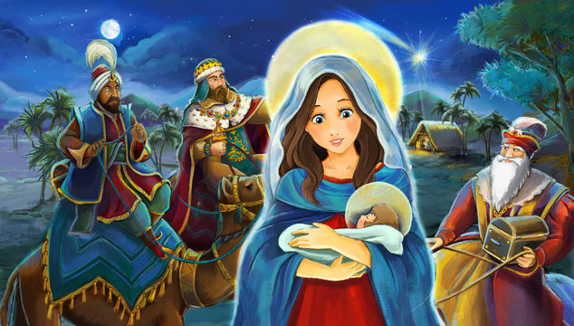 Cartoon scene with Mary and Jesus Christ and traveling kings - illustration for children