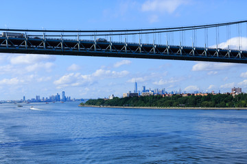 Span of Verrazano Bridge with New York City in Background