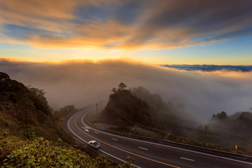 The sea of mist over the mountains and beautiful misty landscape at Doi Inthanon National Park in northern of Thailand, Chiang Mai Province, Thailand