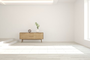 White empty room with shelf. Scandinavian interior design. 3D illustration