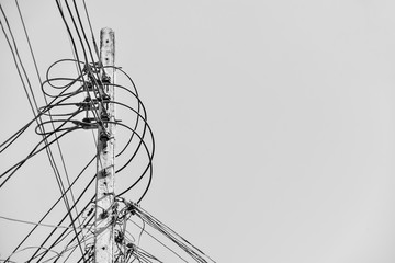Electric Pole with Messy Wires in Black and White