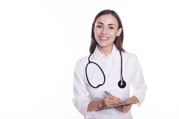 Fototapeta premium Please sign. Smiling female doctor with stethoscope and tablet in hands over white background