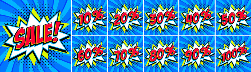 Big Blue sale set. Sale inscription and all percent numbers. Blue and red colors. Pop-art comics style web banners, flash animation, stickers, tags.