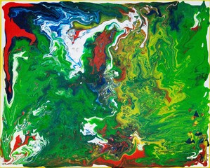 Fließende Farben/ Bunte Malerei/ Gemälde aus Streifen in Blau, Weiß, Gelb, Schwarz und Gold,...