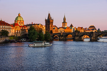 Fototapeta na wymiar Prague cityscape, Czech Republic. Panoramic view on Charles bridge,