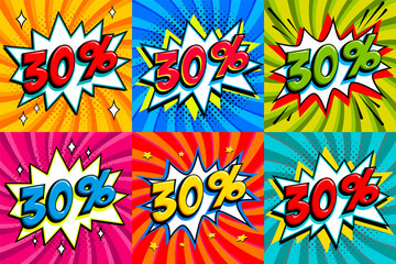 Sale set. Sale thirty percent 30 off tags on a Comics style bang shape background. Pop art comic discount promotion banners. Seasonal discounts, Black Friday, cyber monday.