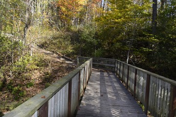 Fototapeta premium wooden footbridge, Fanshawe Recreation area, London, Ontario, Canada,