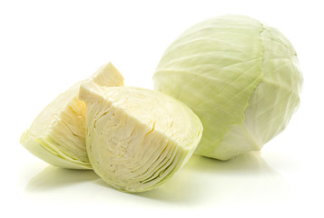 Fototapeta premium White cabbage isolated on white background one whole head and two quarters.