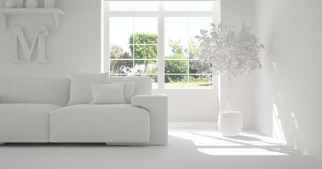 Idea of white room with sofa and summer landscape in window. Scandinavian interior design. 3D illustration