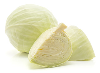 White cabbage isolated on white background one whole head two quarters.