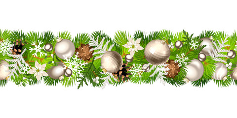 Vector Christmas horizontal seamless garland with fir branches, silver balls, cones and snowflakes.