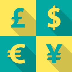 Currency exchange icons with long shadow. Dollar, euro, pound sterling and yen. Flat design style. Currency simple silhouette. Modern color icons. Web site page and mobile app design vector element.