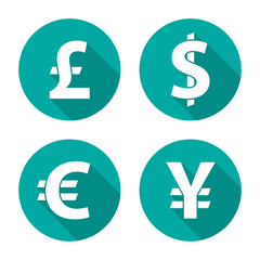 Currency exchange circle icons with long shadow. Dollar, euro, pound, yen. Flat design style. Currency simple silhouette. Modern round color icons. Web site page and mobile app design vector element.