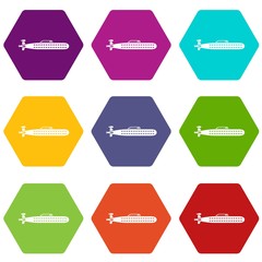 Submarine icon set color hexahedron