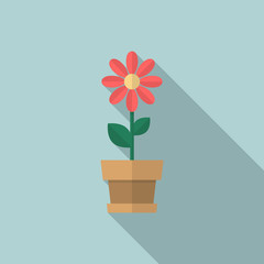 Flower in pot icon with long shadow. Flat design style. Flower simple silhouette. Modern, minimalist icon in stylish colors. Web site page and mobile app design vector element.