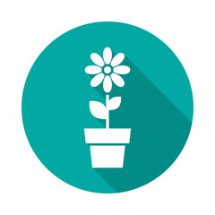 Flower in pot circle icon with long shadow. Flat design style. Flower simple silhouette. Modern, minimalist, round icon in stylish colors. Web site page and mobile app design vector element.