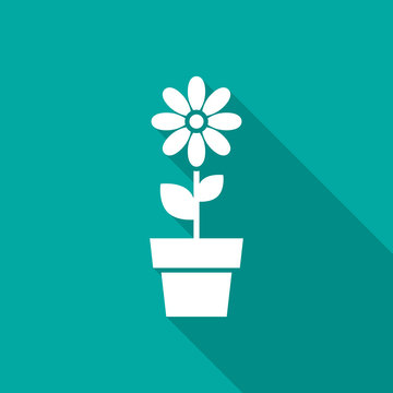 Flower in pot icon with long shadow. Flat design style. Flower simple silhouette. Modern, minimalist icon in stylish colors. Web site page and mobile app design vector element.
