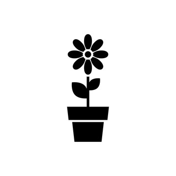 Flower in pot icon. Black, minimalist icon isolated on white background. Flower simple silhouette. Web site page and mobile app design vector element.