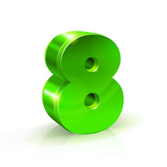 Glossy green Eight 8 number. 3d Illustration on white background