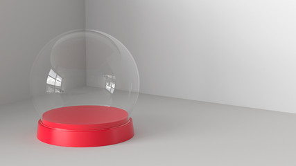 Empty snow glass ball with red tray on white background. 3D rendering.

