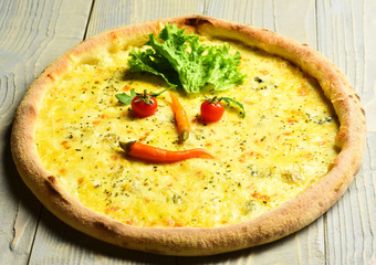 Four cheeses pizza with crunchy edge. Italian cuisine and pizzeria
