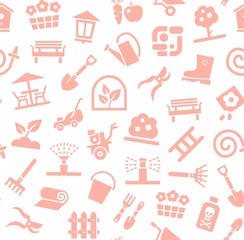 Landscape design, seamless background, pink and white, vector. Background with equipment for gardening and horticulture. Pink, flat pictures on a white field. Arrangement of land.  