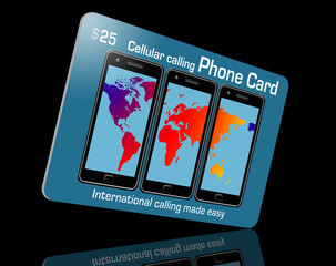 This is a prepaid cellular phone card. A retail item for service paid in advance. Generic 3-D illustration.