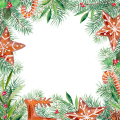 Merry Christmas pattern, gingerbread, firtree, olive, holly border. Watercolor handdrawn illustration isolated on white background.
