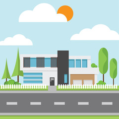 A modern houses with tree and clouds and along the roads, Modern building and architecture along the roads, Flat home vector illustration.