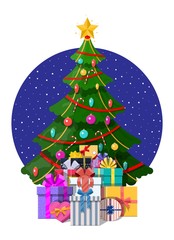 Naklejka premium Christmas tree decorated and gift boxes