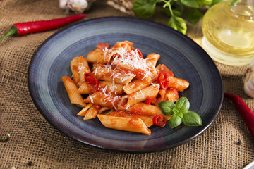 Penne pasta with chili sauce arrabiata