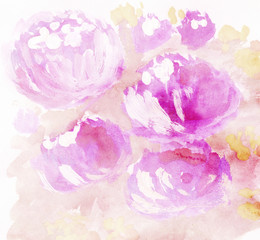 Abstract watercolor hand painted floral background on textured paper in pink shades