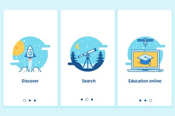 Naklejka premium Online education concept in thin flat, linear style.Modern interface UX UI GUI screen template for smart phone or web site banners.