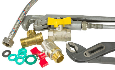 plumber tools and accessories on white