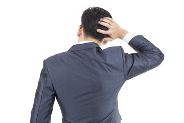 Asian Businessman standing on White Background with Problem. People Business Concept, isolated on white background.