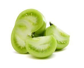 Green Tomato and slice on white