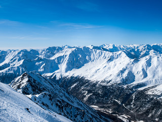 Italian Alps around Maso Corto. Beautiful view of the mountains in winter in a popular ski resort.