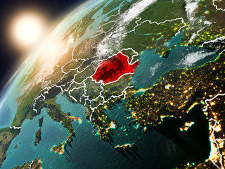 Romania on planet Earth in sunset