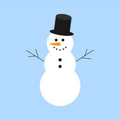 Snowman vector illustration. Snowman with hat on blue background.