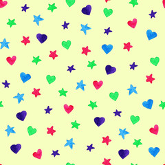 Watercolor hearts and stars pattern. For design, print or background