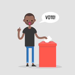 Vote, conceptual illustration. Young black character calling for participation in elections / flat editable vector illustration, clip art