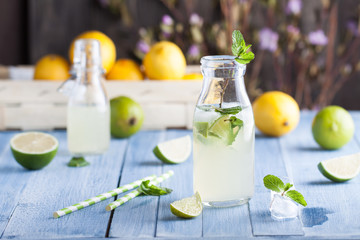 Lime and lemon lemonade with mint in the bottle on the blue background