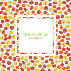 Bell peppers, sweet peppers. Colorful vegetarian text frame. Harvest time. Capsicum. Copy space. Contrast label or packaging. Can be used as seamless pattern.
