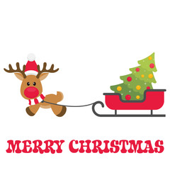 cartoon christmas deer vector with sleigh and fir tree and text