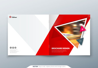 Square Brochure design. Red corporate business rectangle template brochure, report, catalog, magazine. Brochure layout modern triangle shape abstract background. Creative brochure vector concept